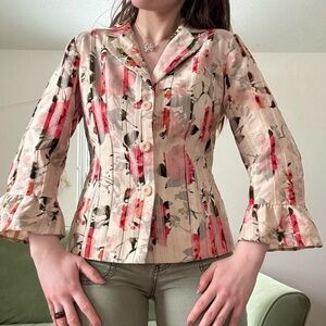 Midnight Velvet 90s Cream Floral Blazer with Pink and Green Roses Size 8